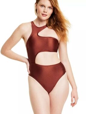 Fe NOEL Target Asymmetric Cutout One-Piece Swimsuit in Metallic Copper XL 16